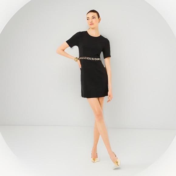 Lilly Pulitzer Elinor Shift Mini Black Ponte Dress Size 10 Gold Trim Link Belt - Picture 2 of 7